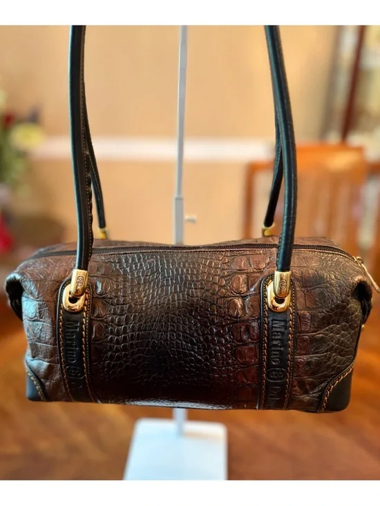 Beautiful Marino Orlandi Blk&Bwn Croc Embossed Leather Baguette Bag EUC! - Picture 3 of 8